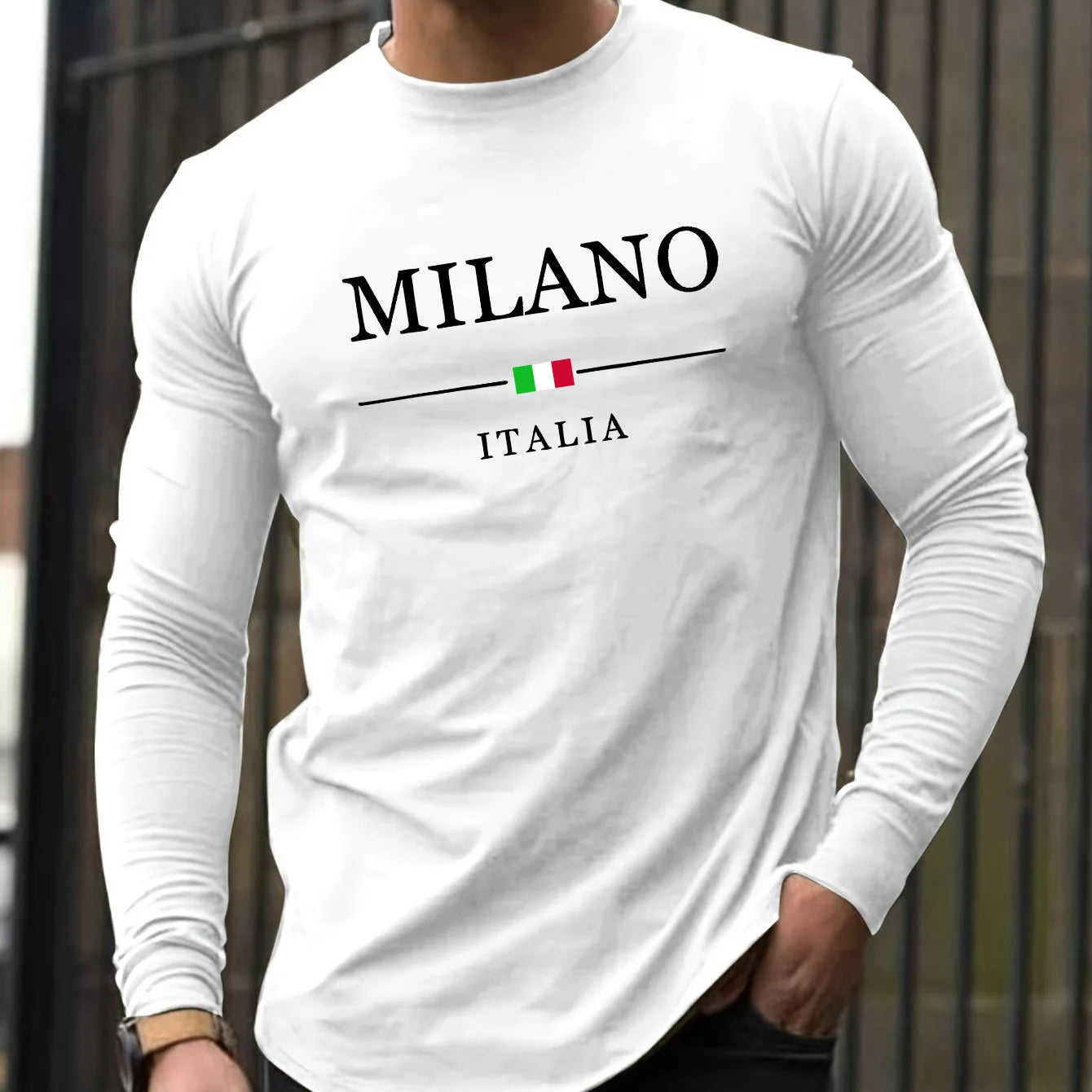 100% pure cotton men's long sleeved round neck loose casual MILANO ITALIA print spring and autumn versatile T-shirt top