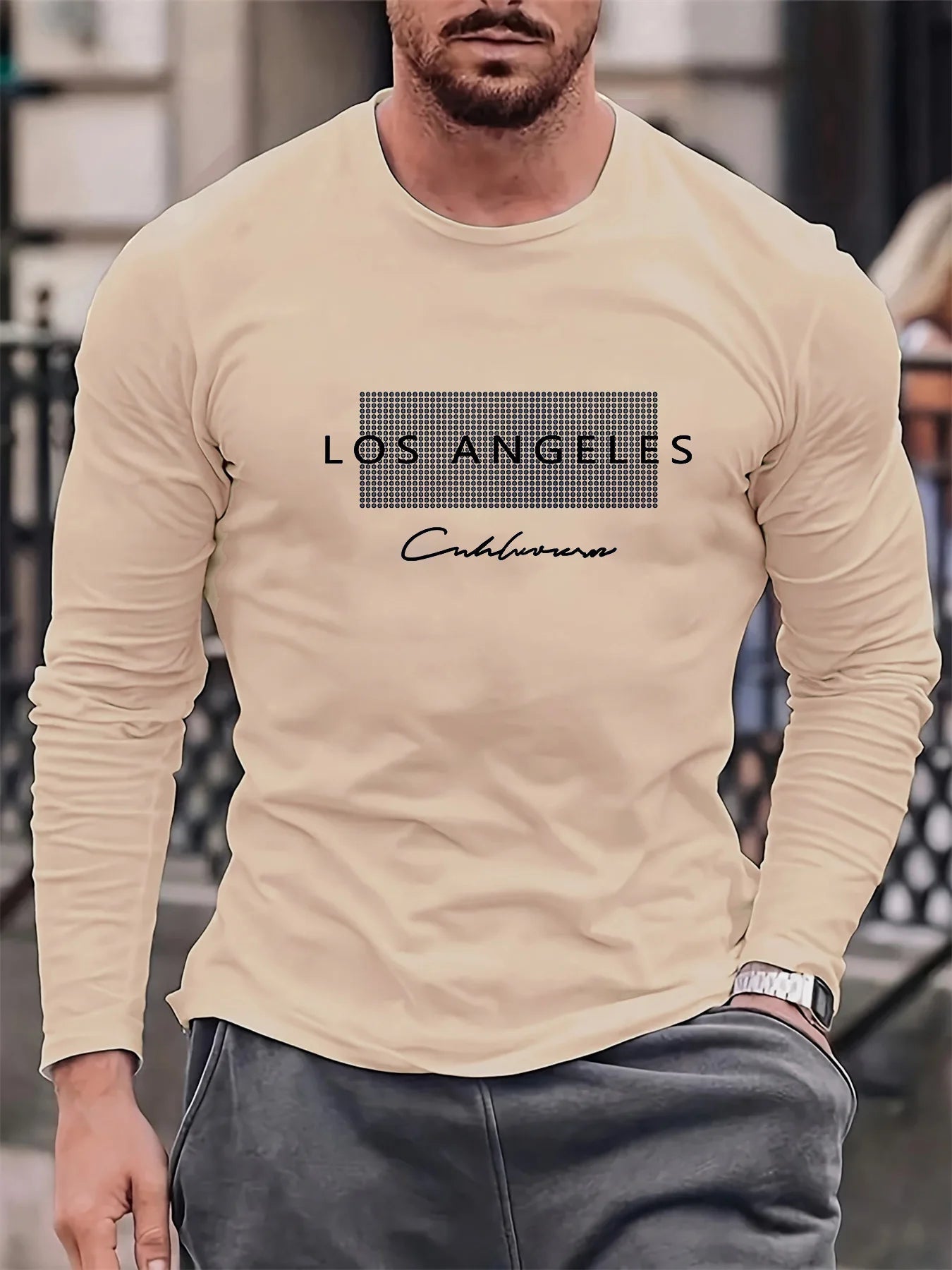 100% pure cotton men's long sleeved round neck loose casual Los Angeles letter printed spring and autumn versatile T-shirt top