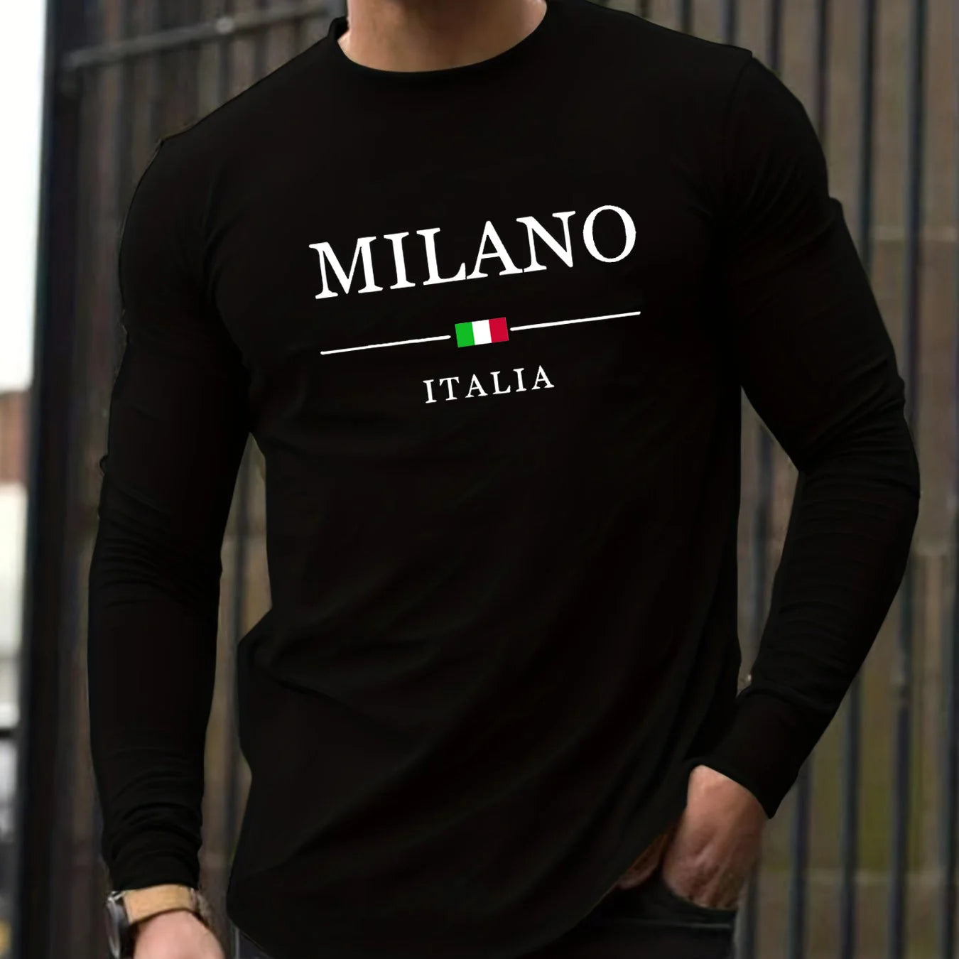 100% pure cotton men's long sleeved round neck loose casual MILANO ITALIA print spring and autumn versatile T-shirt top