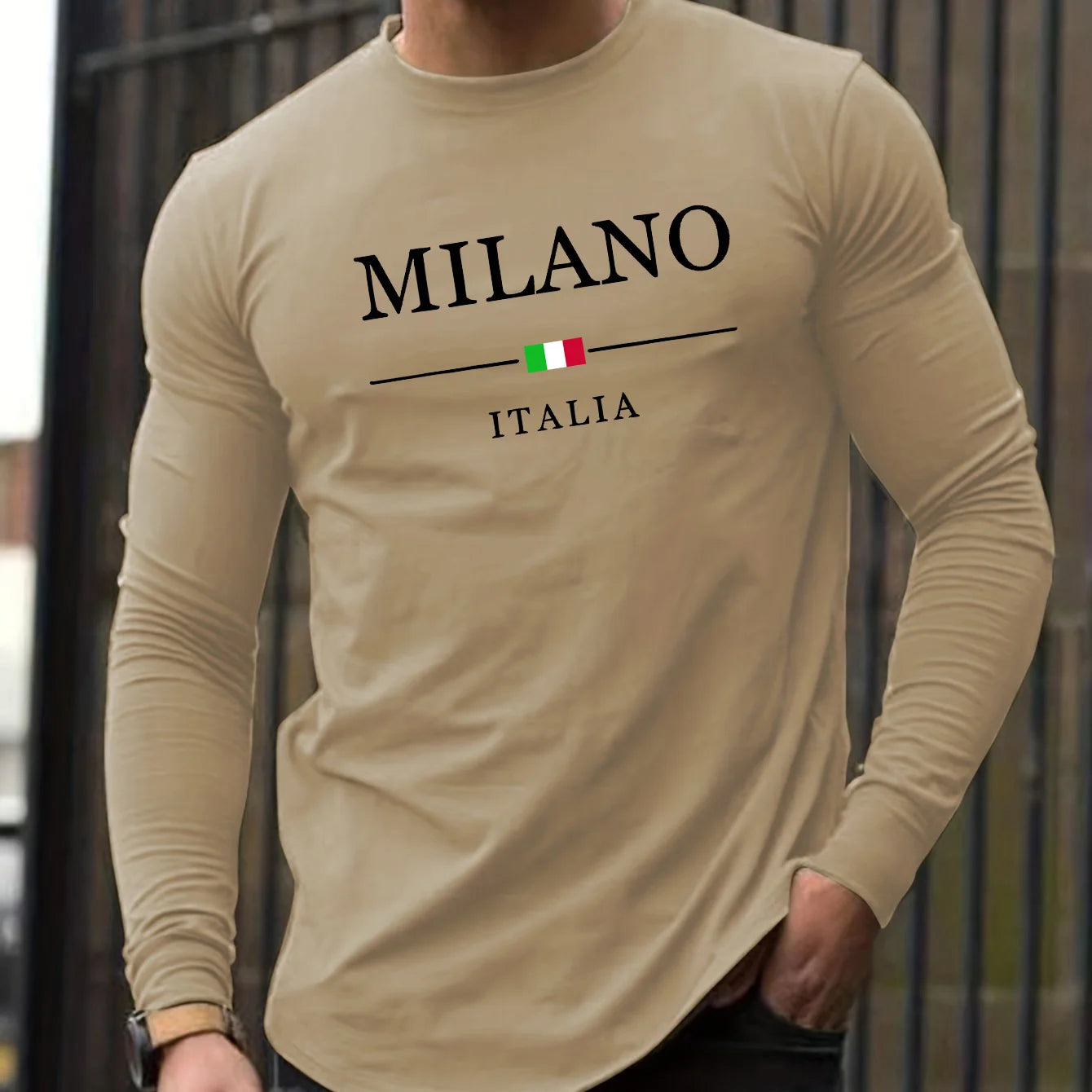 100% pure cotton men's long sleeved round neck loose casual MILANO ITALIA print spring and autumn versatile T-shirt top