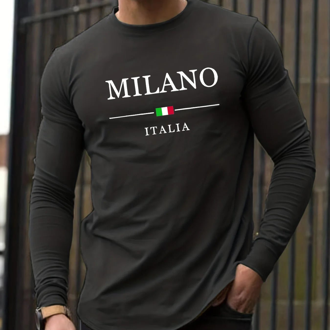 100% pure cotton men's long sleeved round neck loose casual MILANO ITALIA print spring and autumn versatile T-shirt top