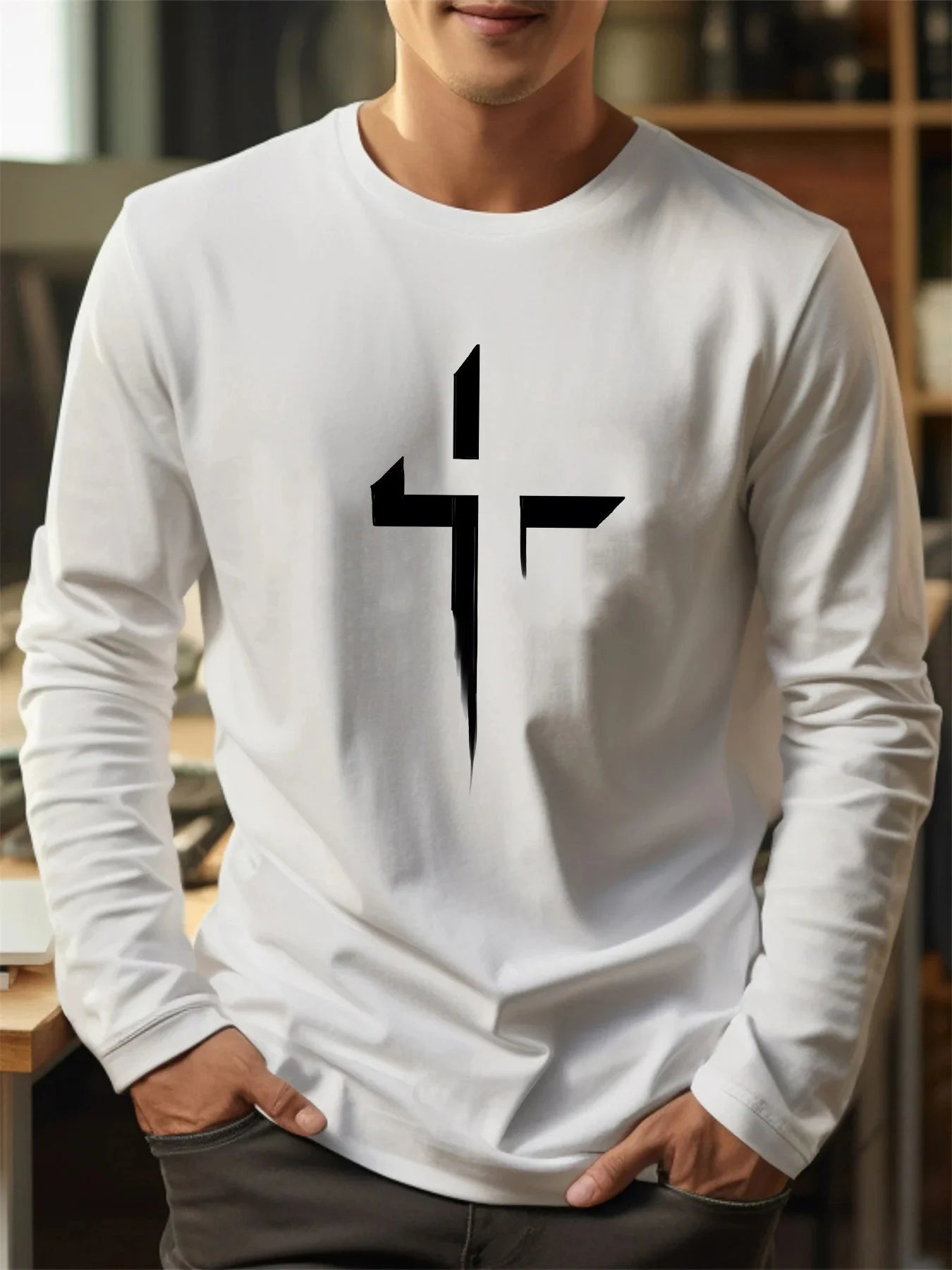 100% pure cotton men's long sleeved round neck loose casual cross pattern printed spring and autumn versatile T-shirt top