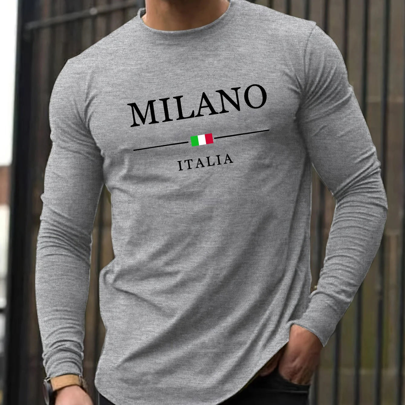 100% pure cotton men's long sleeved round neck loose casual MILANO ITALIA print spring and autumn versatile T-shirt top