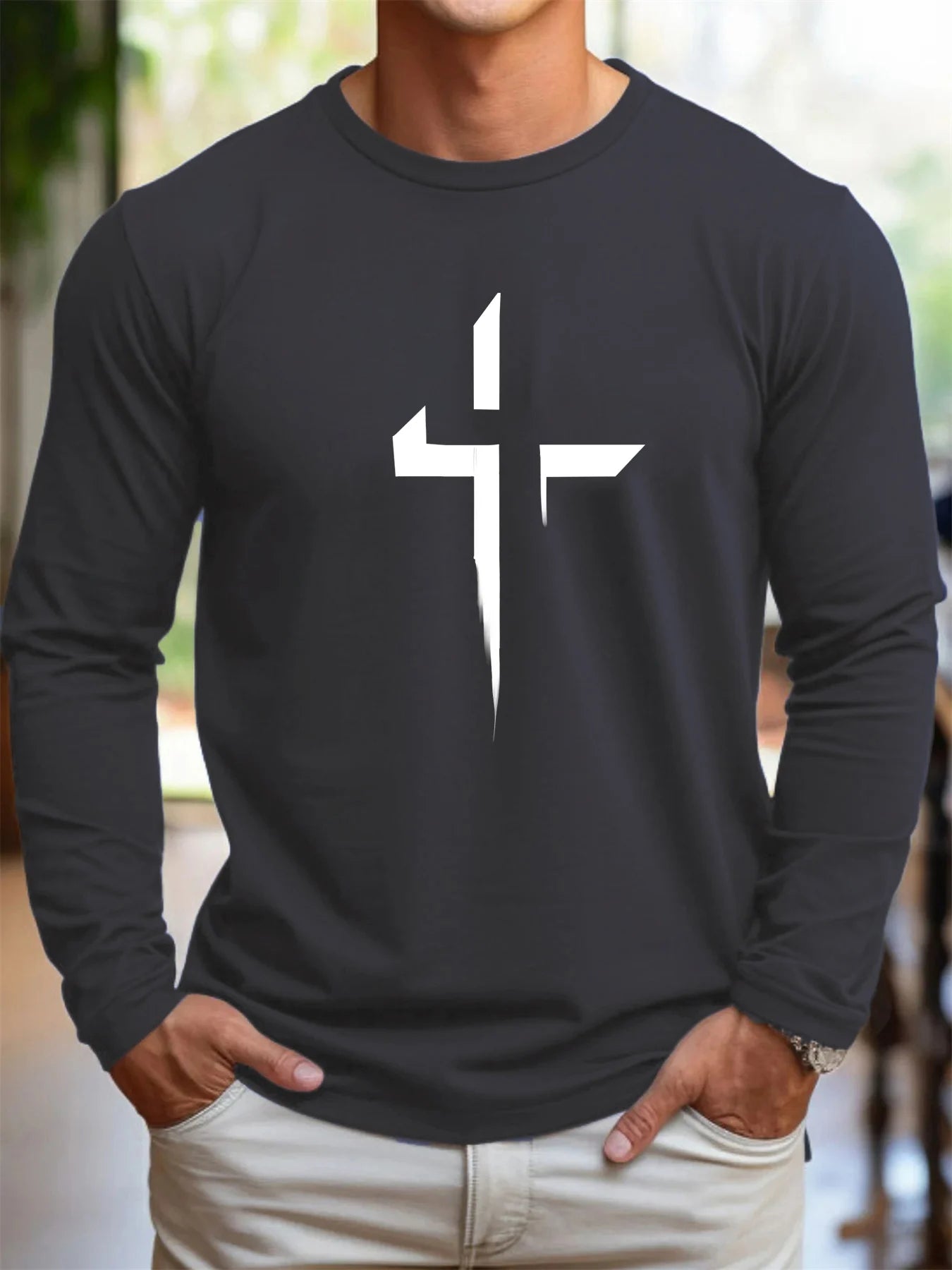 100% pure cotton men's long sleeved round neck loose casual cross pattern printed spring and autumn versatile T-shirt top